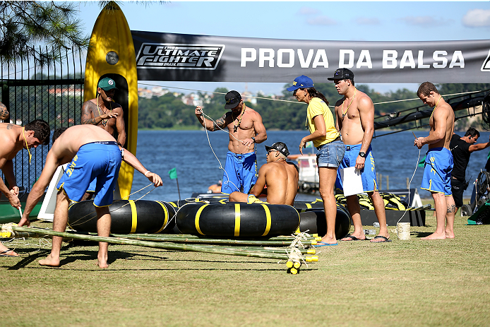 SAO PAULO, BRAZIL - JANUARY 22: Team Wanderlei sports advisor Isabel Salgado instructs the team as they compete against Team Sonnen in a water challenge during season three of The Ultimate Fighter Brazil on January 22, 2014 in Sao Paulo, Brazil. (Photo b