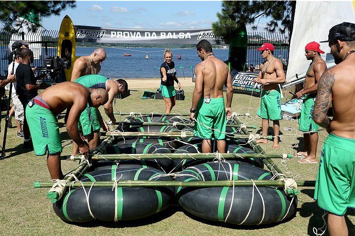 SAO PAULO, BRAZIL - JANUARY 22: Team Sonnen sports advisor Hortencia Marcari (C) instructs the team as they compete against Team Wanderlei in a water challenge during season three of The Ultimate Fighter Brazil on January 22, 2014 in Sao Paulo, Brazil. (