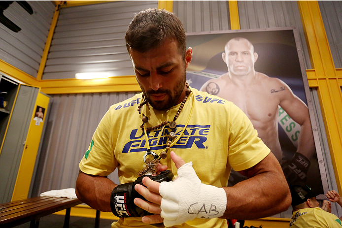 SAO PAULO, BRAZIL - JANUARY 24: Team Wanderlei fighter Ricardo Abreu gets his hands wrapped before facing Team Sonnen fighter Guilherme de Vasconcelos in their middleweight fight during season three of The Ultimate Fighter Brazil on January 24, 2014 in S