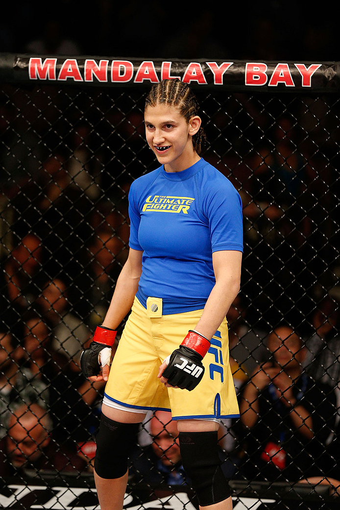LAS VEGAS, NV - NOVEMBER 30: Roxanne Modafferi stands in her corner before her fight against Raquel Pennington in their women's bantamweight fight during The Ultimate Fighter season 18 live finale inside the Mandalay Bay Events Center on November 30, 201