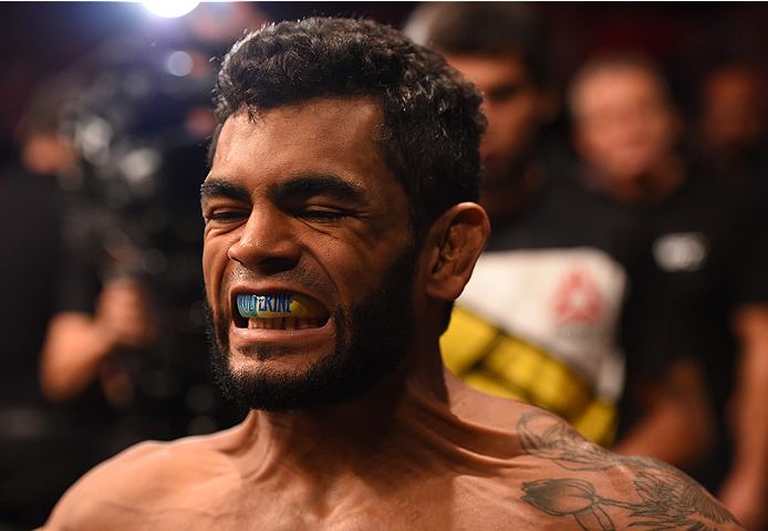 RIO DE JANEIRO, BRAZIL - AUGUST 01: Hugo Viana of Brazil prepares to enter the Octagon before facing Guido Cannetti of Argentina in their bantamweight bout during the UFC 190 event inside HSBC Arena on August 1, 2015 in Rio de Janeiro, Brazil. (Photo by