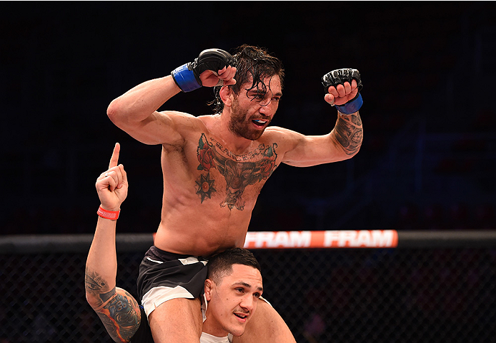 RIO DE JANEIRO, BRAZIL - AUGUST 01: Guido Cannetti of Argentina celebrates his victory over Hugo Viana of Brazil in their bantamweight bout during the UFC 190 event inside HSBC Arena on August 1, 2015 in Rio de Janeiro, Brazil. (Photo by Josh Hedges/Zu