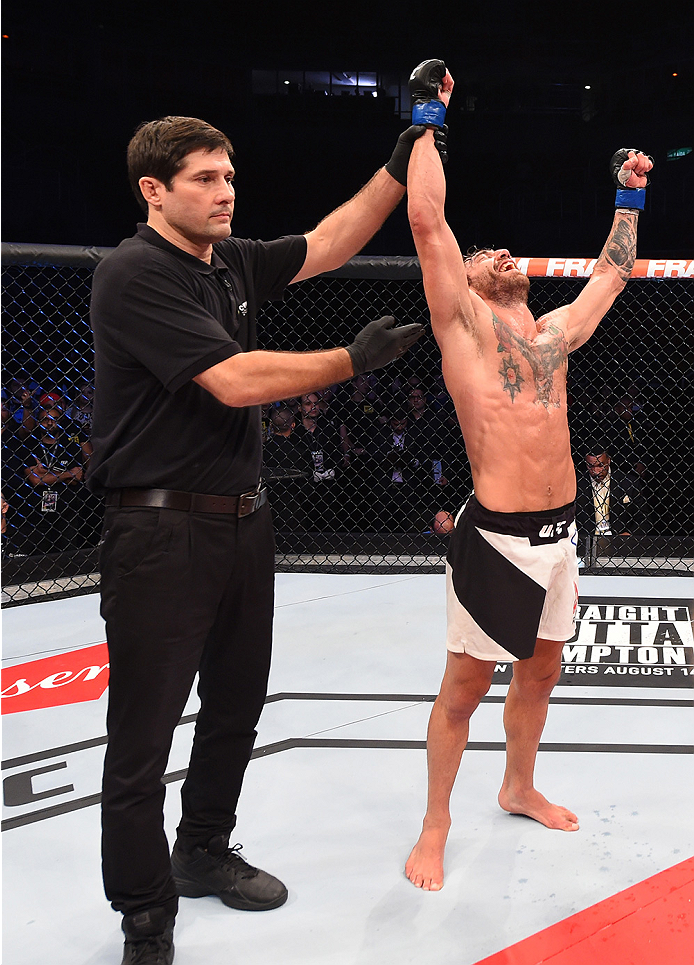 RIO DE JANEIRO, BRAZIL - AUGUST 01: Guido Cannetti of Argentina celebrates his victory over Hugo Viana of Brazil in their bantamweight bout during the UFC 190 event inside HSBC Arena on August 1, 2015 in Rio de Janeiro, Brazil. (Photo by Josh Hedges/Zu