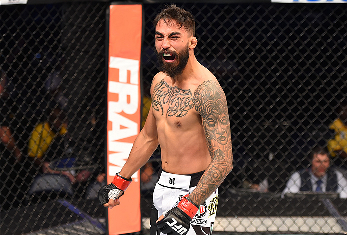 NEW ORLEANS, LA - JUNE 06: Jose Quinonez celebrates his submission victory over Leonardo Morales in their bantamweight bout during the UFC event at the Smoothie King Center on June 6, 2015 in New Orleans, Louisiana. (Photo by Josh Hedges/Zuffa LLC/Zuffa