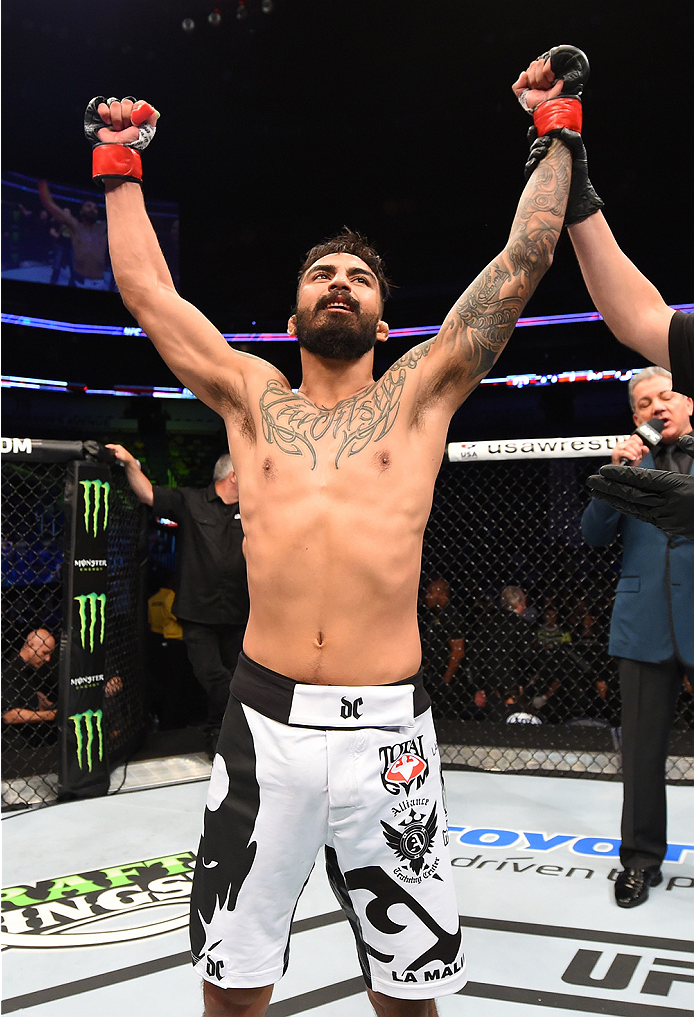 NEW ORLEANS, LA - JUNE 06: Jose Quinonez celebrates his submission victory over Leonardo Morales in their bantamweight bout during the UFC event at the Smoothie King Center on June 6, 2015 in New Orleans, Louisiana. (Photo by Josh Hedges/Zuffa LLC/Zuffa