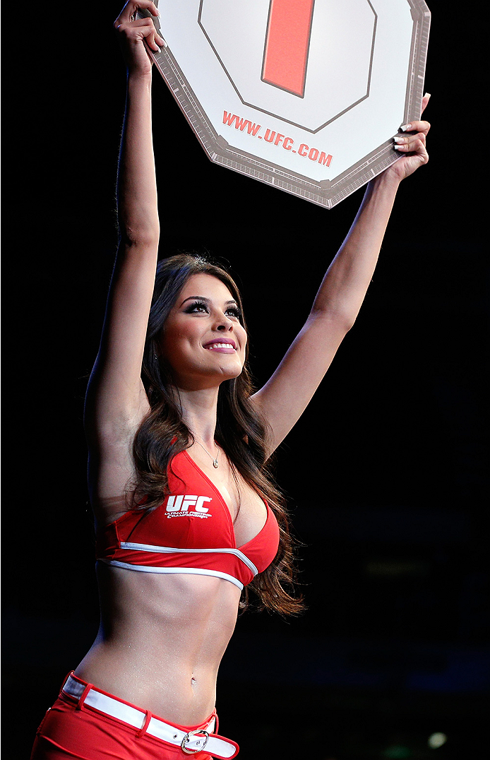 BRASILIA, BRAZIL - SEPTEMBER 13: UFC Octagon Girl Camila Rodrigues de Oliveira introduces a round during the UFC Fight Night event inside Nilson Nelson Gymnasium on September 13, 2014 in Brasilia, Brazil. (Photo by Josh Hedges/Zuffa LLC/Zuffa LLC via Ge