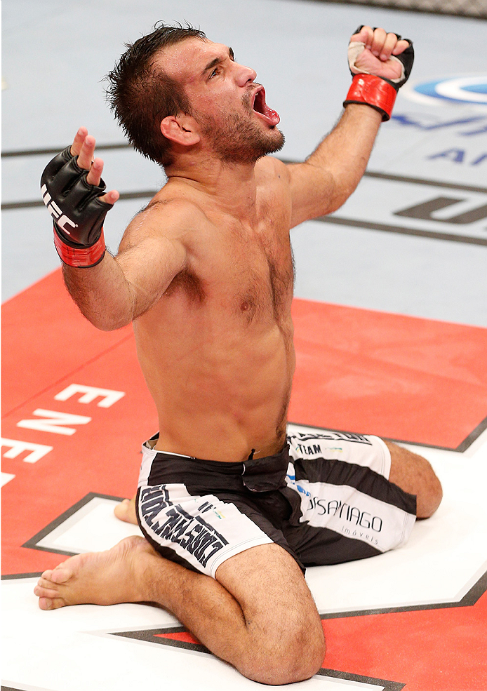 BRASILIA, BRAZIL - SEPTEMBER 13: Rani Yahya of Brazil celebrates after his submission victory over Johnny Bedford in their bantamweight bout during the UFC Fight Night event inside Nilson Nelson Gymnasium on September 13, 2014 in Brasilia, Brazil. (Photo