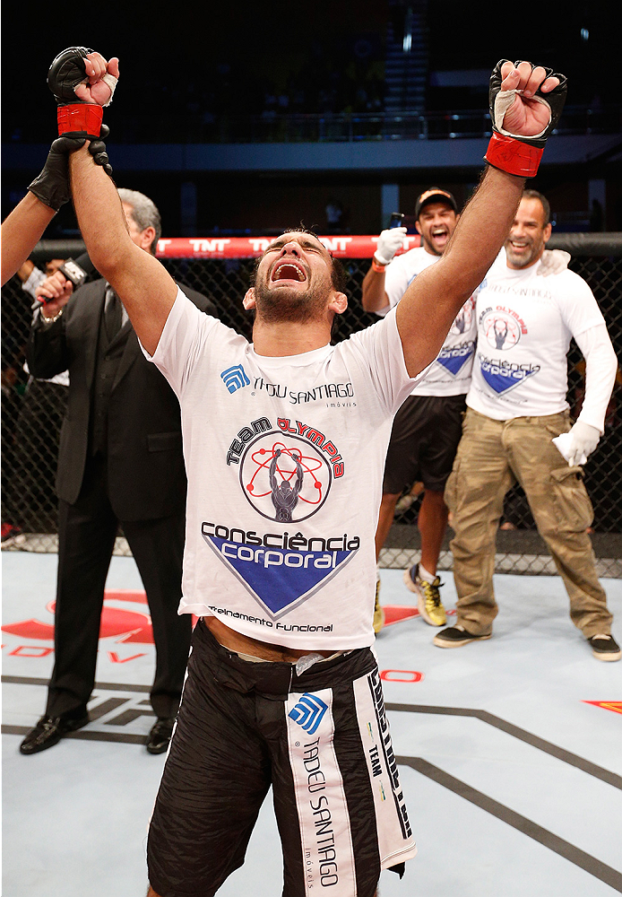 BRASILIA, BRAZIL - SEPTEMBER 13: Rani Yahya of Brazil celebrates after his submission victory over Johnny Bedford in their bantamweight bout during the UFC Fight Night event inside Nilson Nelson Gymnasium on September 13, 2014 in Brasilia, Brazil. (Photo