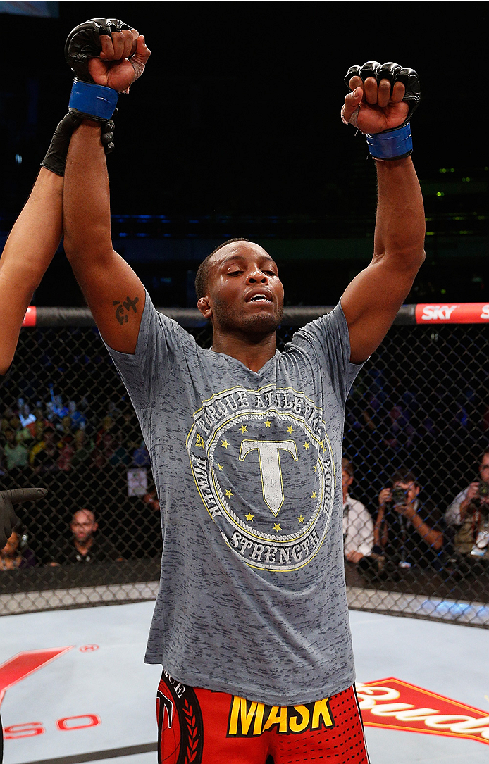 BRASILIA, BRAZIL - SEPTEMBER 13: Sean Spencer celebrates after his unanimous-decision victory over Paulo Thiago in their welterweight bout during the UFC Fight Night event inside Nilson Nelson Gymnasium on September 13, 2014 in Brasilia, Brazil. (Photo by