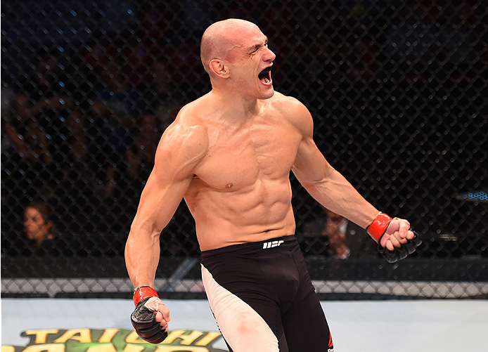 RIO DE JANEIRO, BRAZIL - AUGUST 01: Vitor Miranda of Brazil celebrates his victory over Clint Hester of the United States in their middleweight bout during the UFC 190 event inside HSBC Arena on August 1, 2015 in Rio de Janeiro, Brazil. (Photo by Josh H