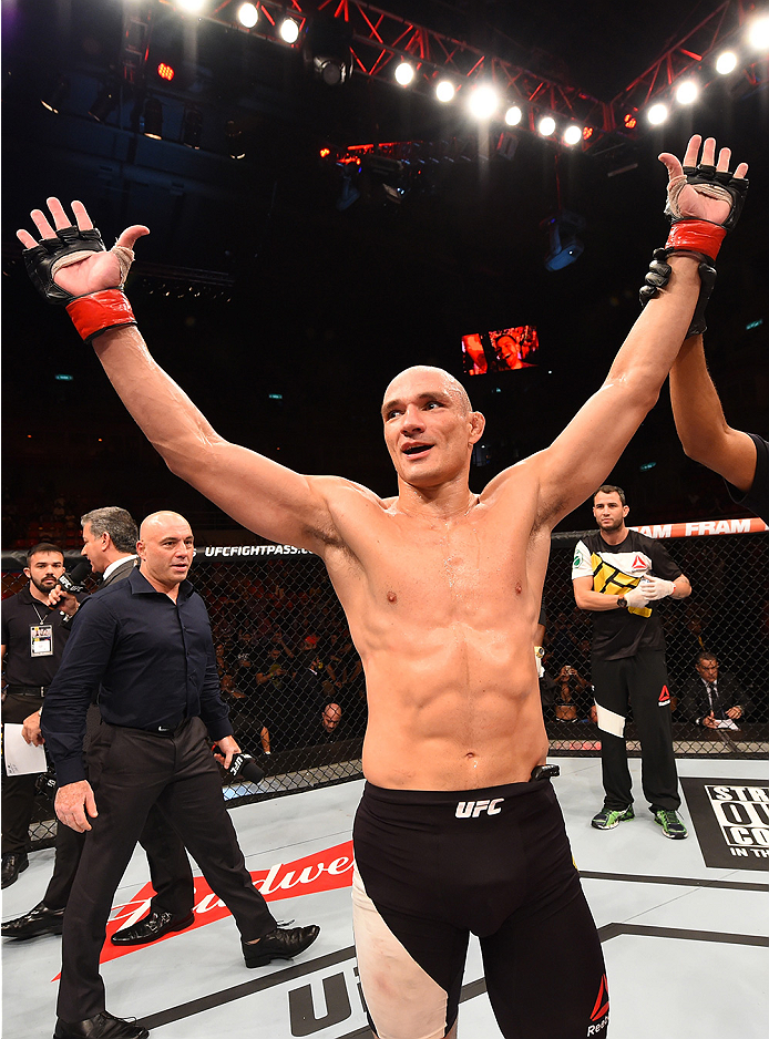 RIO DE JANEIRO, BRAZIL - AUGUST 01: Vitor Miranda of Brazil celebrates his victory over Clint Hester of the United States in their middleweight bout during the UFC 190 event inside HSBC Arena on August 1, 2015 in Rio de Janeiro, Brazil. (Photo by Josh H