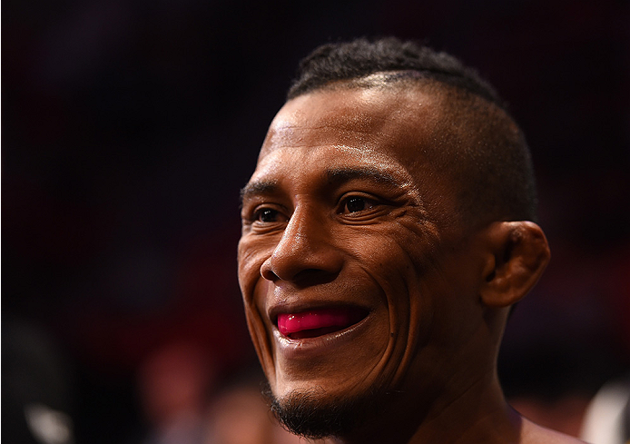 RIO DE JANEIRO, BRAZIL - AUGUST 01: Iuri Alcantara of Brazil prepares to enter the Octagon before facing Leandro Issa of Brazil in their bantamweight bout during the UFC 190 event inside HSBC Arena on August 1, 2015 in Rio de Janeiro, Brazil. (Photo by