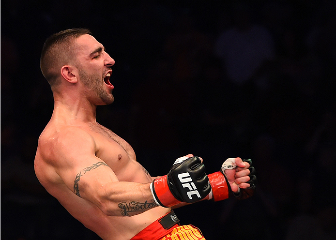 NEW ORLEANS, LA - JUNE 06: Joe Proctor celebrates his submission victory over Justin Edwards in their lightweight bout during the UFC event at the Smoothie King Center on June 6, 2015 in New Orleans, Louisiana. (Photo by Josh Hedges/Zuffa LLC/Zuffa LLC