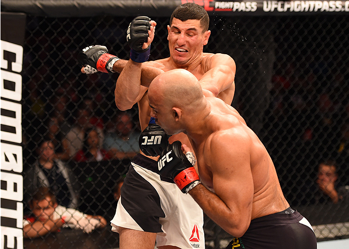 RIO DE JANEIRO, BRAZIL - AUGUST 01: (R-L) Warlley Alves of Brazil punches Nordine Taleb of Canada in their welterweight bout during the UFC 190 event inside HSBC Arena on August 1, 2015 in Rio de Janeiro, Brazil. (Photo by Josh Hedges/Zuffa LLC/Zuffa LL