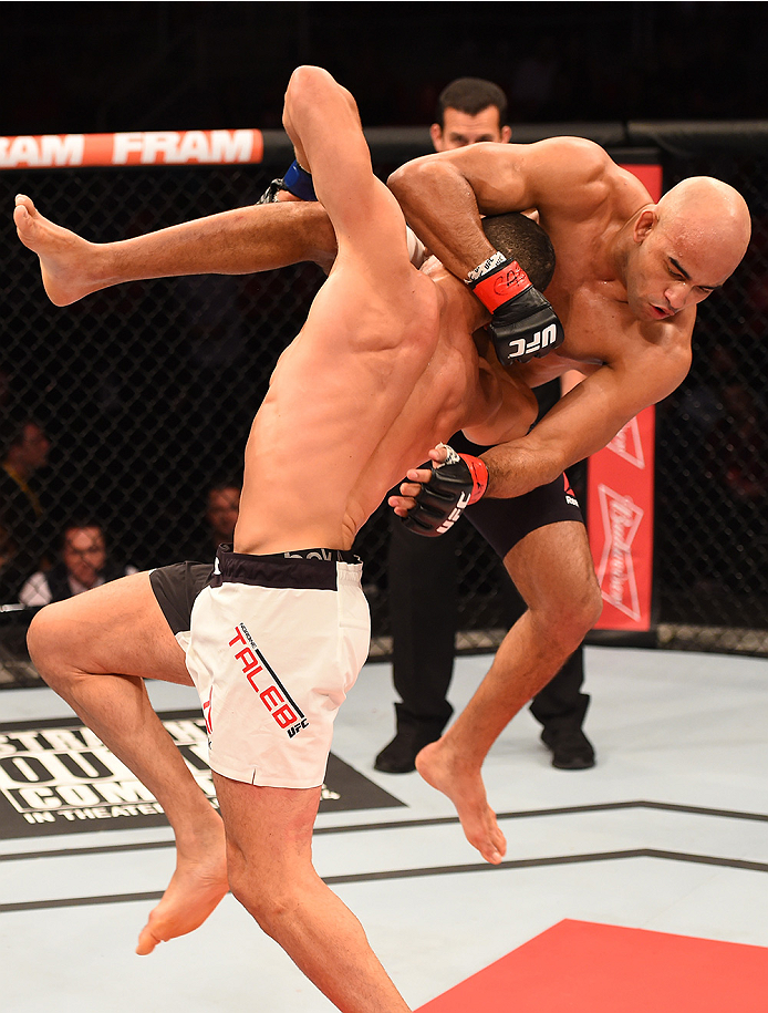 RIO DE JANEIRO, BRAZIL - AUGUST 01: (L-R) Nordine Taleb of Canada takes down Warlley Alves of Brazil in their welterweight bout during the UFC 190 event inside HSBC Arena on August 1, 2015 in Rio de Janeiro, Brazil. (Photo by Josh Hedges/Zuffa LLC/Zuffa