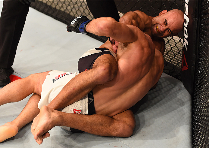 RIO DE JANEIRO, BRAZIL - AUGUST 01: Warlley Alves of Brazil submits Nordine Taleb of Canada in their welterweight bout during the UFC 190 event inside HSBC Arena on August 1, 2015 in Rio de Janeiro, Brazil. (Photo by Josh Hedges/Zuffa LLC/Zuffa LLC via