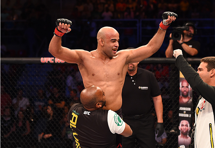 RIO DE JANEIRO, BRAZIL - AUGUST 01: Warlley Alves of Brazil celebrates his submission victory over Nordine Taleb of Canada in their welterweight bout during the UFC 190 event inside HSBC Arena on August 1, 2015 in Rio de Janeiro, Brazil. (Photo by Josh