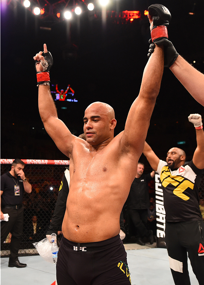 RIO DE JANEIRO, BRAZIL - AUGUST 01: Warlley Alves of Brazil celebrates his submission victory over Nordine Taleb of Canada in their welterweight bout during the UFC 190 event inside HSBC Arena on August 1, 2015 in Rio de Janeiro, Brazil. (Photo by Josh