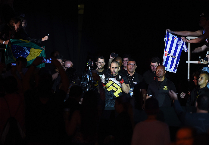 RIO DE JANEIRO, BRAZIL - AUGUST 01: Rafael Feijao of Brazil prepares to enter the Octagon before facing Patrick Cummins of the United States in their light heavyweight bout during the UFC 190 event inside HSBC Arena on August 1, 2015 in Rio de Janeiro, B