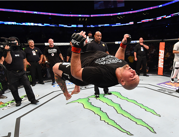 NEW ORLEANS, LA - JUNE 06: Shawn Jordancelebrates his victory over Derrick Lewis in their heavyweight bout during the UFC event at the Smoothie King Center on June 6, 2015 in New Orleans, Louisiana. (Photo by Josh Hedges/Zuffa LLC/Zuffa LLC via Getty Im