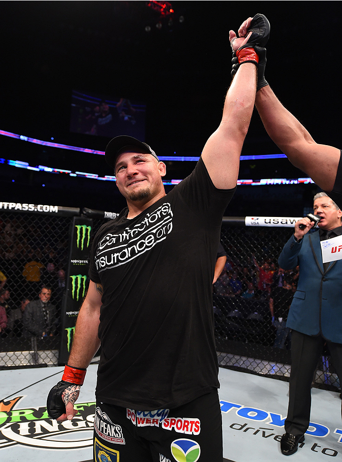 NEW ORLEANS, LA - JUNE 06: Shawn Jordancelebrates his victory over Derrick Lewis in their heavyweight bout during the UFC event at the Smoothie King Center on June 6, 2015 in New Orleans, Louisiana. (Photo by Josh Hedges/Zuffa LLC/Zuffa LLC via Getty Im