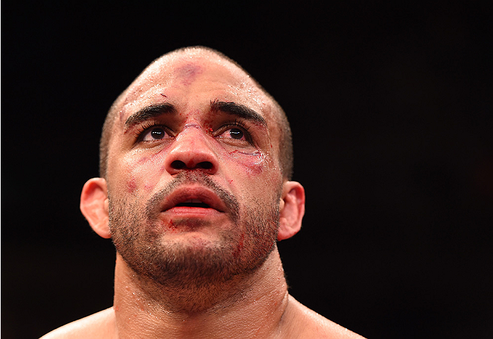 RIO DE JANEIRO, BRAZIL - AUGUST 01: Rafael Feijao of Brazil reacts to his TKO loss to Patrick Cummins of the United States in their light heavyweight bout during the UFC 190 event inside HSBC Arena on August 1, 2015 in Rio de Janeiro, Brazil. (Photo by