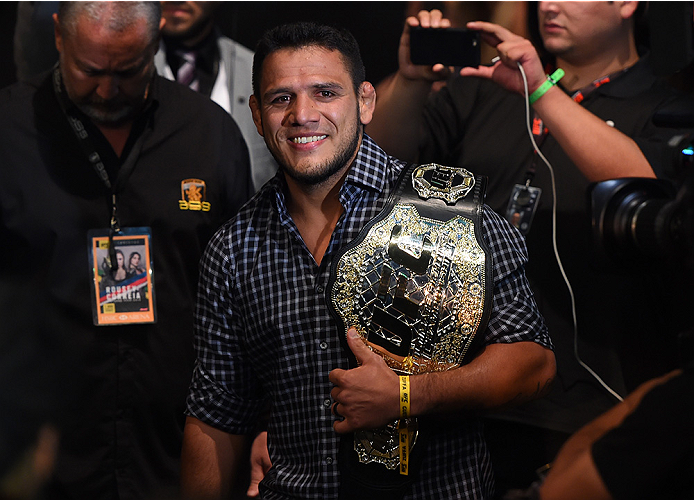 RIO DE JANEIRO, BRAZIL - AUGUST 01: UFC lightweight champion Rafael Dos Anjos enters the arena during the UFC 190 event inside HSBC Arena on August 1, 2015 in Rio de Janeiro, Brazil. (Photo by Josh Hedges/Zuffa LLC/Zuffa LLC via Getty Images)