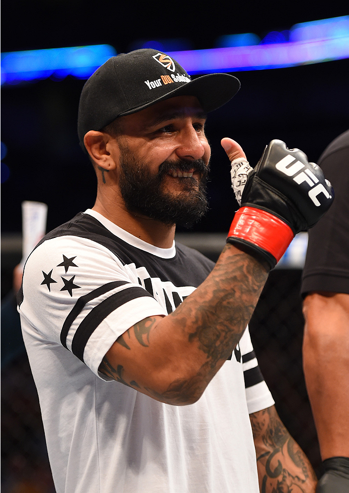 NEW ORLEANS, LA - JUNE 06: Francisco Rivera celebrates his victory over Alex Caceres in their bantamweight bout during the UFC event at the Smoothie King Center on June 6, 2015 in New Orleans, Louisiana. (Photo by Josh Hedges/Zuffa LLC/Zuffa LLC via Get