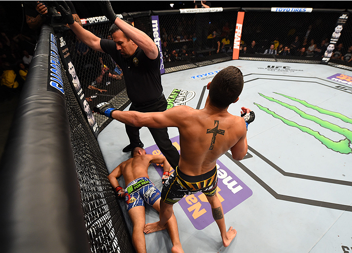 NEW ORLEANS, LA - JUNE 06: Anthony Birchak celebrates his knockout victory over Joe Soto in their bantamweight bout during the UFC event at the Smoothie King Center on June 6, 2015 in New Orleans, Louisiana. (Photo by Josh Hedges/Zuffa LLC/Zuffa LLC via