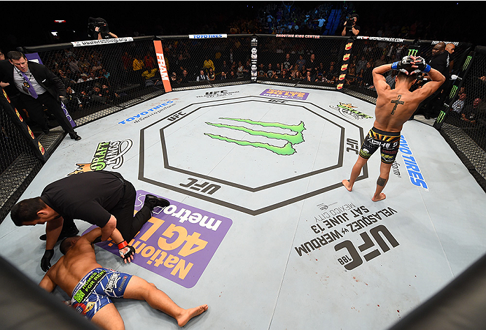 NEW ORLEANS, LA - JUNE 06: Anthony Birchak celebrates his knockout victory over Joe Soto in their bantamweight bout during the UFC event at the Smoothie King Center on June 6, 2015 in New Orleans, Louisiana. (Photo by Josh Hedges/Zuffa LLC/Zuffa LLC via