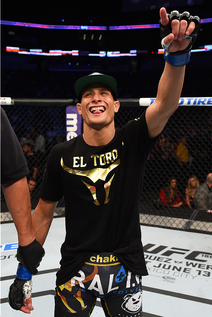 NEW ORLEANS, LA - JUNE 06: Anthony Birchak celebrates his knockout victory over Joe Soto in their bantamweight bout during the UFC event at the Smoothie King Center on June 6, 2015 in New Orleans, Louisiana. (Photo by Josh Hedges/Zuffa LLC/Zuffa LLC via