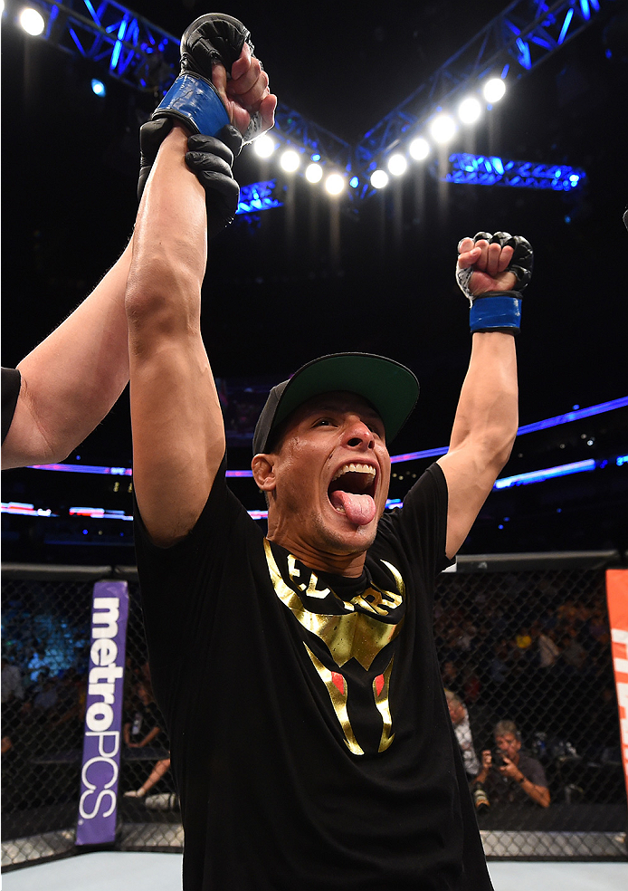NEW ORLEANS, LA - JUNE 06: Anthony Birchak celebrates his knockout victory over Joe Soto in their bantamweight bout during the UFC event at the Smoothie King Center on June 6, 2015 in New Orleans, Louisiana. (Photo by Josh Hedges/Zuffa LLC/Zuffa LLC via