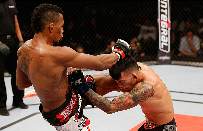 BRASILIA, BRAZIL - SEPTEMBER 13: (L-R) Iuri Alcantara of Brazil kicks Russell Doane in their bantamweight bout during the UFC Fight Night event inside Nilson Nelson Gymnasium on September 13, 2014 in Brasilia, Brazil. (Photo by Josh Hedges/Zuffa LLC/Zuffa