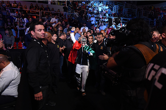 RIO DE JANEIRO, BRAZIL - AUGUST 01: Jessica Aguilar of the United States prepares to enter the Octagon before facing Claudia Gadelha of Brazil in their women's strawweight bout during the UFC 190 event inside HSBC Arena on August 1, 2015 in Rio de Janeir
