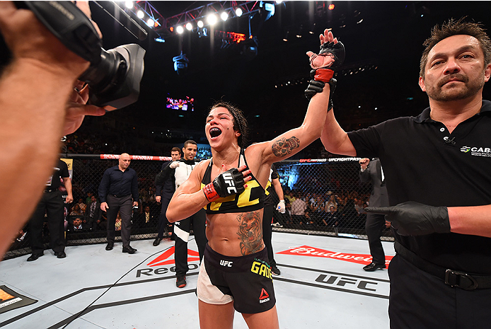 RIO DE JANEIRO, BRAZIL - AUGUST 01: Claudia Gadelha of Brazil celebrates her victory over Jessica Aguilar of the United States in their women's strawweight bout during the UFC 190 event inside HSBC Arena on August 1, 2015 in Rio de Janeiro, Brazil. (Pho