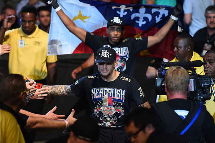 NEW ORLEANS, LA - JUNE 06: Dustin Poirier prepares to enter the Octagon before facing Yancy Medeiros in their lightweight bout during the UFC event at the Smoothie King Center on June 6, 2015 in New Orleans, Louisiana. (Photo by Josh Hedges/Zuffa LLC/Zuf