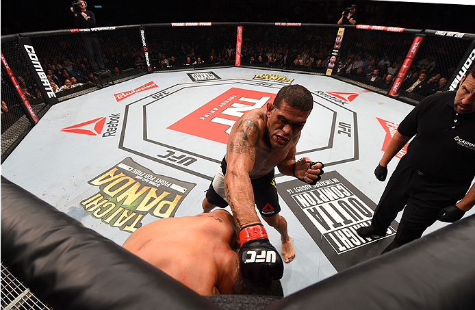 RIO DE JANEIRO, BRAZIL - AUGUST 01: (R-L) Antonio 'Bigfoot' Silva of Brazil punches Soa Palelei of Australia in their heavyweight bout during the UFC 190 event inside HSBC Arena on August 1, 2015 in Rio de Janeiro, Brazil. (Photo by Josh Hedges/Zuffa LL