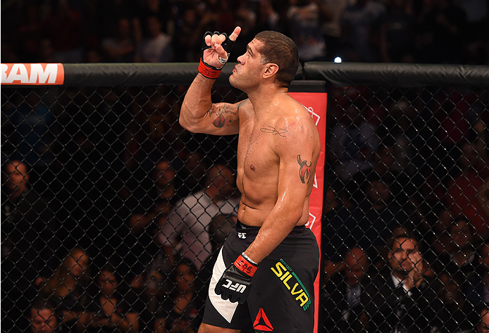 RIO DE JANEIRO, BRAZIL - AUGUST 01: Antonio 'Bigfoot' Silva of Brazil celebrates his victory over Soa Palelei of Australia in their heavyweight bout during the UFC 190 event inside HSBC Arena on August 1, 2015 in Rio de Janeiro, Brazil. (Photo by Josh H