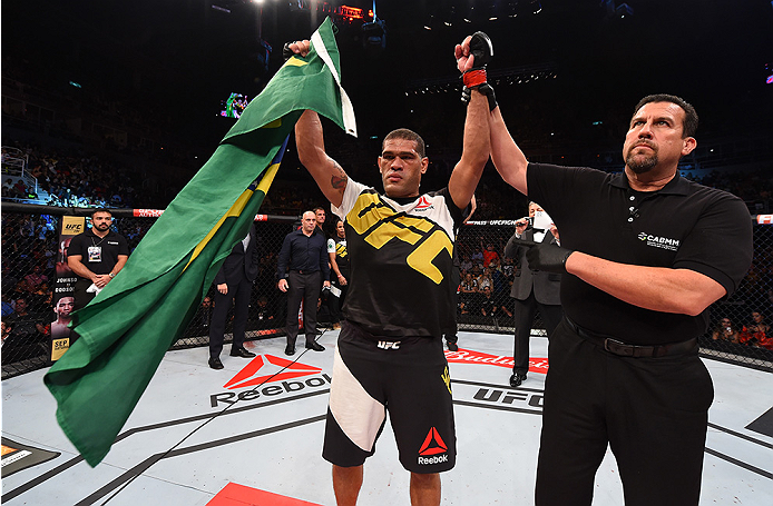 RIO DE JANEIRO, BRAZIL - AUGUST 01: Antonio 'Bigfoot' Silva of Brazil celebrates his victory over Soa Palelei of Australia in their heavyweight bout during the UFC 190 event inside HSBC Arena on August 1, 2015 in Rio de Janeiro, Brazil. (Photo by Josh H