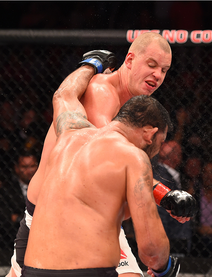 RIO DE JANEIRO, BRAZIL - AUGUST 01: Stefan Struve of the Netherlands punches Rodrigo 'Minotauro' Nogueira of Brazil in their heavyweight bout during the UFC 190 event inside HSBC Arena on August 1, 2015 in Rio de Janeiro, Brazil. (Photo by Josh Hedges/