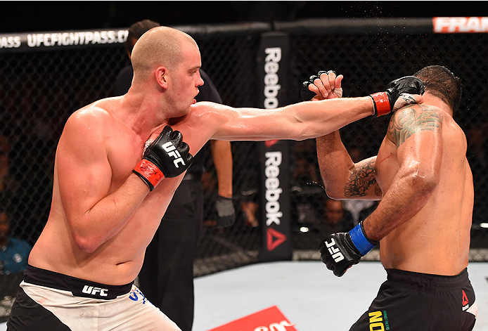 RIO DE JANEIRO, BRAZIL - AUGUST 01: (L-R) Stefan Struve of the Netherlands punches Rodrigo 'Minotauro' Nogueira of Brazil in their heavyweight bout during the UFC 190 event inside HSBC Arena on August 1, 2015 in Rio de Janeiro, Brazil. (Photo by Josh H