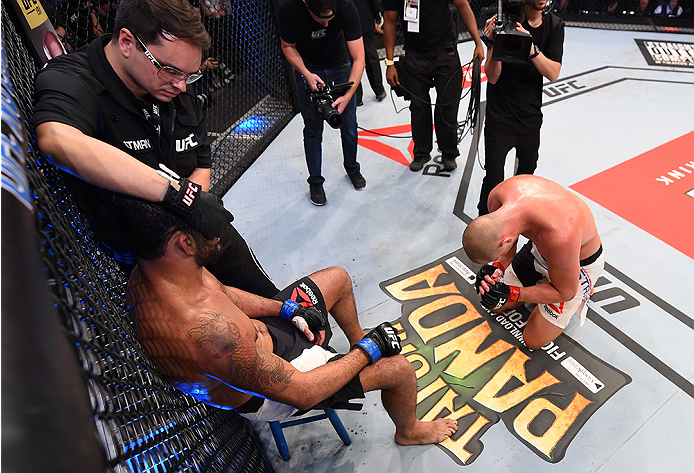 RIO DE JANEIRO, BRAZIL - AUGUST 01: (R-L) Stefan Struve of the Netherlands gives his respect to Rodrigo 'Minotauro' Nogueira of Brazil after their heavyweight bout during the UFC 190 event inside HSBC Arena on August 1, 2015 in Rio de Janeiro, Brazil. (