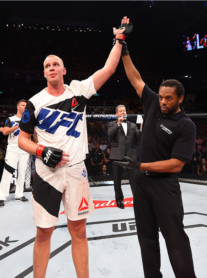 RIO DE JANEIRO, BRAZIL - AUGUST 01: Stefan Struve of the Netherlands celebrates his victory over Rodrigo 'Minotauro' Nogueira of Brazil after their heavyweight bout during the UFC 190 event inside HSBC Arena on August 1, 2015 in Rio de Janeiro, Brazil.