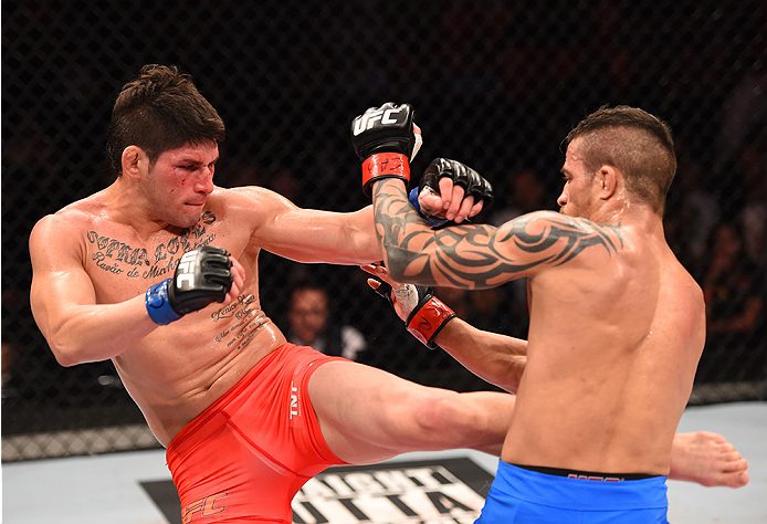 RIO DE JANEIRO, BRAZIL - AUGUST 01: (L-R) Dileno Lopes of Brazil kicks Reginaldo Vieira of Brazil in their bantamweight bout during the UFC 190 event inside HSBC Arena on August 1, 2015 in Rio de Janeiro, Brazil. (Photo by Josh Hedges/Zuffa LLC/Zuffa LL