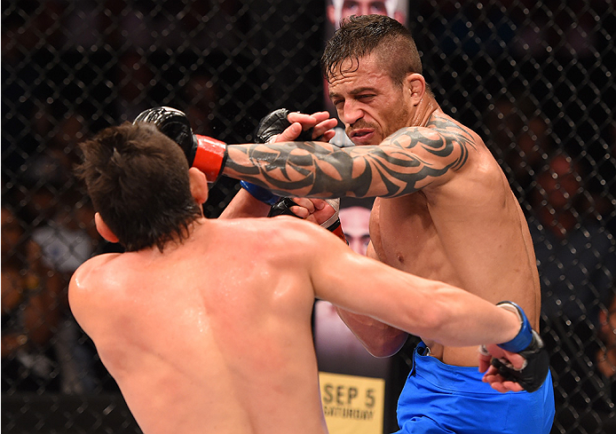 RIO DE JANEIRO, BRAZIL - AUGUST 01: (R-L) Reginaldo Vieira of Brazil punches Dileno Lopes of Brazil in their bantamweight bout during the UFC 190 event inside HSBC Arena on August 1, 2015 in Rio de Janeiro, Brazil. (Photo by Josh Hedges/Zuffa LLC/Zuffa