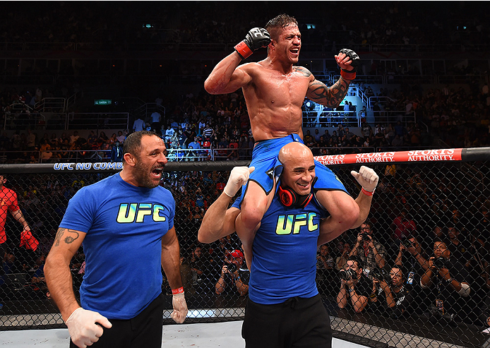 RIO DE JANEIRO, BRAZIL - AUGUST 01: Reginaldo Vieira of Brazil celebrates his victory over Dileno Lopes of Brazil in their bantamweight bout during the UFC 190 event inside HSBC Arena on August 1, 2015 in Rio de Janeiro, Brazil. (Photo by Josh Hedges/Zu