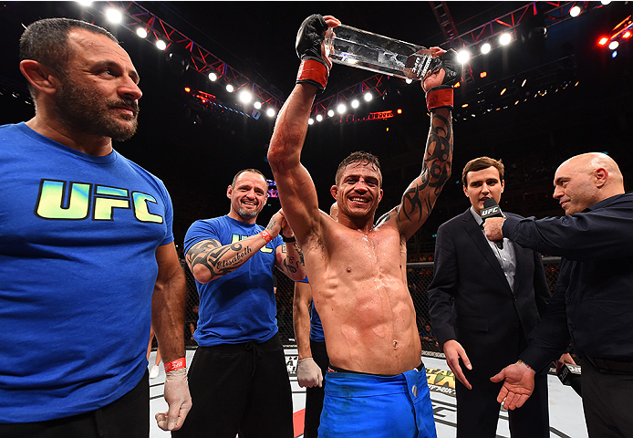 RIO DE JANEIRO, BRAZIL - AUGUST 01: Reginaldo Vieira of Brazil celebrates his victory over Dileno Lopes of Brazil in their bantamweight bout and becomes the TUF Finale winner during the UFC 190 event inside HSBC Arena on August 1, 2015 in Rio de Janeiro,