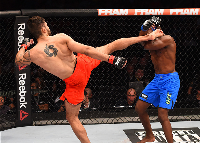 RIO DE JANEIRO, BRAZIL - AUGUST 01: (L-R) Glaico Franca of Brazil kicks Fernando Bruno of Brazil in their lightweight bout during the UFC 190 event inside HSBC Arena on August 1, 2015 in Rio de Janeiro, Brazil. (Photo by Josh Hedges/Zuffa LLC/Zuffa LLC