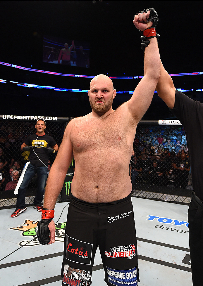 NEW ORLEANS, LA - JUNE 06: Ben Rothwell celebrates his submission victory over Matt Mitrione in their heavyweight bout during the UFC event at the Smoothie King Center on June 6, 2015 in New Orleans, Louisiana. (Photo by Josh Hedges/Zuffa LLC/Zuffa LLC