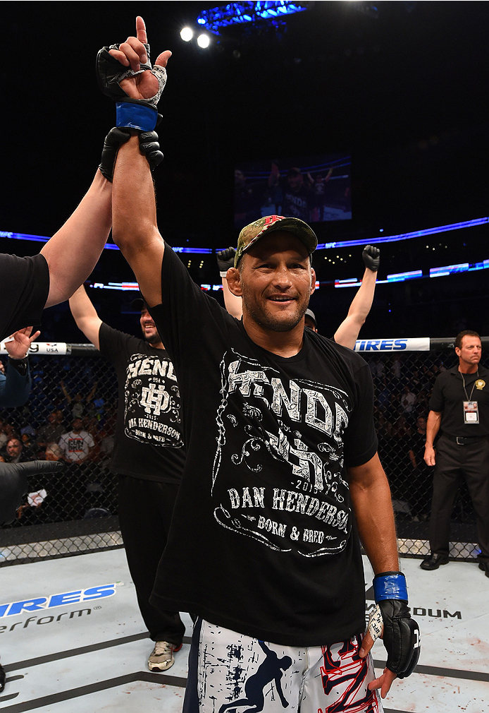 NEW ORLEANS, LA - JUNE 06: Dan Henderson celebrates his victory over Tim Boetsch in their middleweight bout during the UFC event at the Smoothie King Center on June 6, 2015 in New Orleans, Louisiana. (Photo by Josh Hedges/Zuffa LLC/Zuffa LLC via Getty I